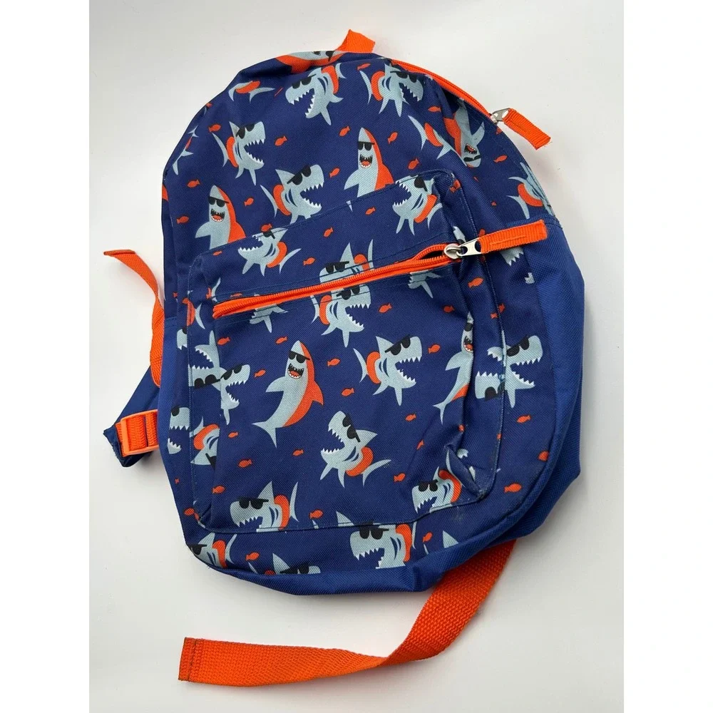 Blue Shark Print Backpack with Orange Straps Kids School Bag Travel Rucksack